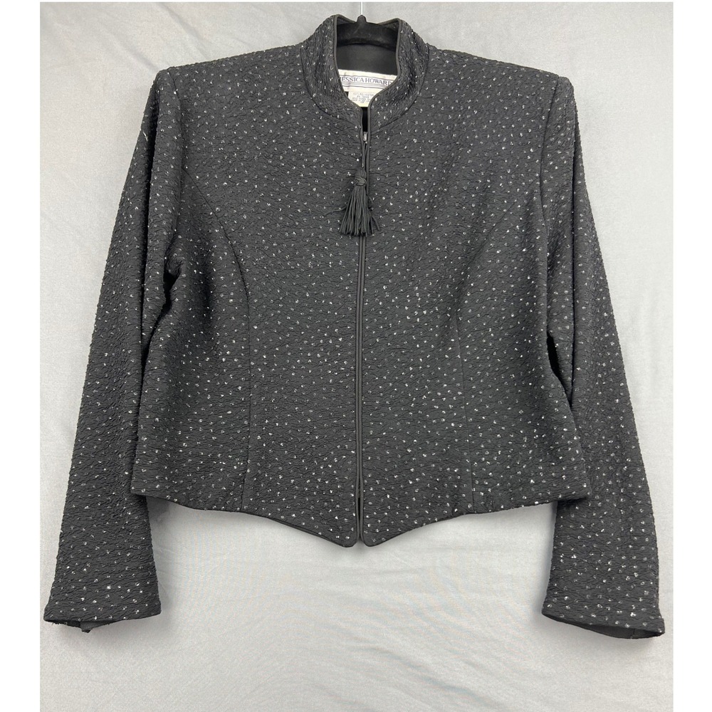 Jessica Howard Jacket Womens 12 Evening Cropped Black Jacket Metallic Tassel Exc